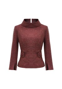 Czerwony bluzka z tweedu z wysokim, składanym kołnierzem, długimi rękawami i bocznymi rozcięciami. Posiada dwa dekoracyjne guziki w talii dla dodatkowego akcentu.