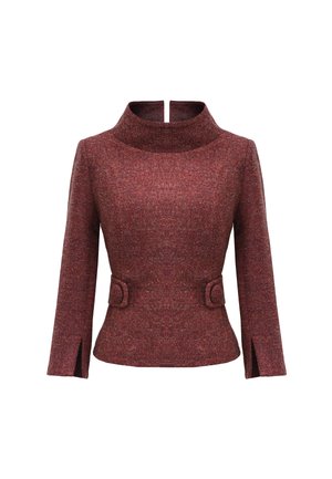 Czerwony bluzka z tweedu z wysokim, składanym kołnierzem, długimi rękawami i bocznymi rozcięciami. Posiada dwa dekoracyjne guziki w talii dla dodatkowego akcentu.