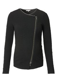 Top negro de manga larga con diseño texturizado, cierre asimétrico con cremallera en el frente y cuello redondo. Tejido suave con un ligero estiramiento.