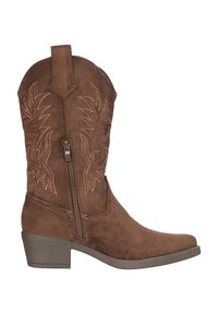 Bruine suède cowboylaars met decoratieve stiksel, zijrits, aantreklus, lage gestapelde hak en afgeronde neus.