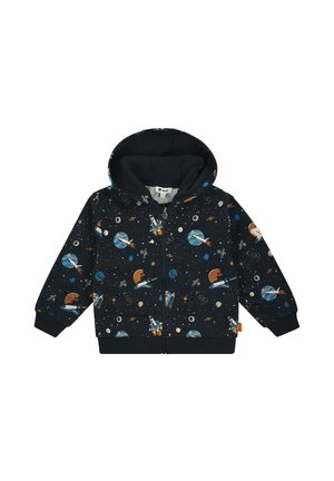 Children's black zip-up hoodie with space-themed print including rockets, planets, stars, and satellites, featuring a hood and long sleeves.