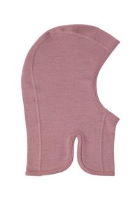 Gehaakte bivakmuts van een zachte roze wolmix, met een aangesloten ontwerp, afgeronde bovenkant en openingen voor het gezicht en de nek. Soepele textuur.