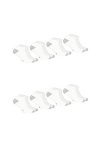 Chaussettes blanches jusqu'à la cheville avec des accents gris au talon et à l'orteil, d'une texture lisse et d'un design simple, disposées en deux rangées de quatre paires.