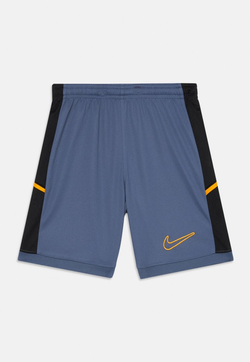 Grå trening shorts med svarte mesh sidepaneler, en gul aksentlinje og en gul Nike swoosh-logo på front høyre side.