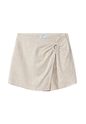 Gonna di lino beige con una piega laterale e dettaglio arricciato con un anello decorativo. Tessuto sottile, vita aderente e chiusura con zip.