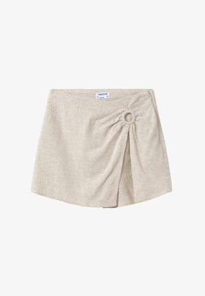 Gonna di lino beige con una piega laterale e dettaglio arricciato con un anello decorativo. Tessuto sottile, vita aderente e chiusura con zip.