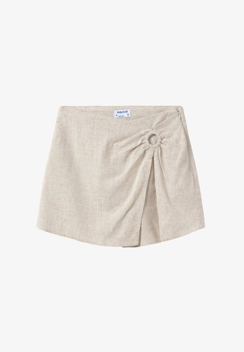 Gonna di lino beige con una piega laterale e dettaglio arricciato con un anello decorativo. Tessuto sottile, vita aderente e chiusura con zip.