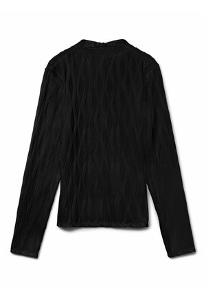 Černý top s dlouhým rukávem, který má strukturovaný vlnitý vzor, kulatý výstřih a zip na zádech. Hladká látka s přiléhavým střihem.
