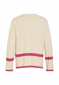 Pull beige à manches longues avec col rond, présentant deux bandes horizontales roses près de l'ourlet et des poignets des manches, vu de dos.