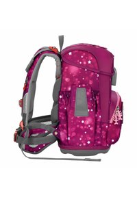 Lila Rucksack mit strukturiertem Finish, Stern- und Bokeh-Mustern, verstellbaren grauen Trägern, Seitentaschen und einem rosa Reißverschluss-Akzent.