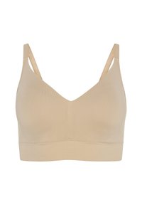 Sostén inalámbrico color beige con una textura suave y elástica, diseño de escote en V y tirantes delgados ajustables. Construcción sin costuras con una banda ancha.