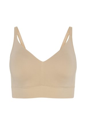 Beige Funktions-BH aus einem glatten, dehnbaren Material, mit V-Ausschnitt und verstellbaren dünnen Trägern. Nahtlose Verarbeitung mit einem breiten Bund.