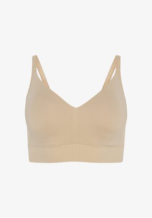 Beige draadloze beha met een gladde, rekbare textuur, V-hals ontwerp en verstelbare dunne bandjes. Naadloze constructie met een brede band.