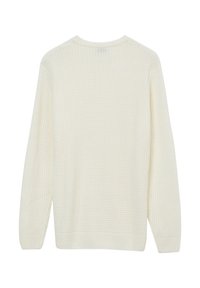 Cremfarbener Strickpullover mit strukturiertem Muster, langen Ärmeln und lockerer Passform. Verfügt über einen Rundhalsausschnitt sowie gerippte Bündchen und Saum.
