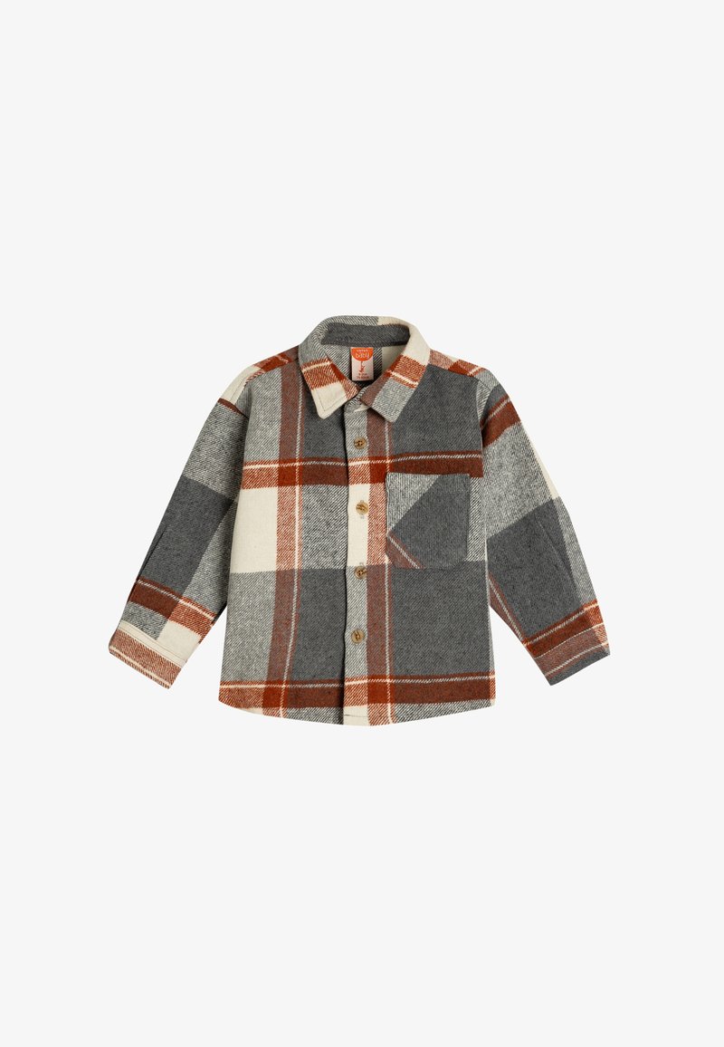 Koszula w kratę z długimi rękawami w kolorach szarym, białym i rdzawego pomarańczu. Wykonana z tkaniny o strukturze, z zapięciem na guziki z przodu i kieszenią na piersi.