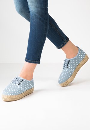 Lyseblå kanvas sko med hvide prikker, rund tå og snørebåndsdesign, der har en jute wedge sål for ekstra højde.
