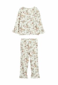 Kukkakuosiset pitkähihaiset pyjaman setti valkoisella taustalla, jossa on vaaleanpunaisia, vihreitä ja ruskeita kuvioita. Settiin kuuluu röyhelöhihoja sekä paidassa että housuissa.