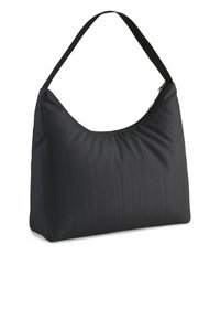 Borsa hobo nera con una finitura liscia, una parte superiore curva e una larga tracolla. Dotata di chiusura con zip e sottili righe verticali.