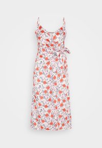 Robe midi fleurie avec bretelles spaghetti ajustables. Présente un design portefeuille, motifs floraux rouges, violets et verts sur fond blanc.