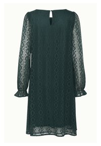 Long-sleeve green lace dress with diamond pattern, keyhole back detail, and flared cuff sleeves, featuring a sheer texture at the sleeves.