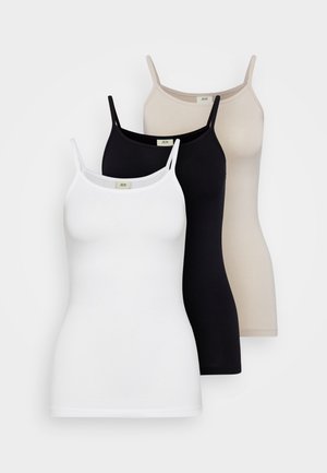 Three women's tank tops in white, black, and nude colors. Made of smooth cotton, they feature thin straps and a fitted design.