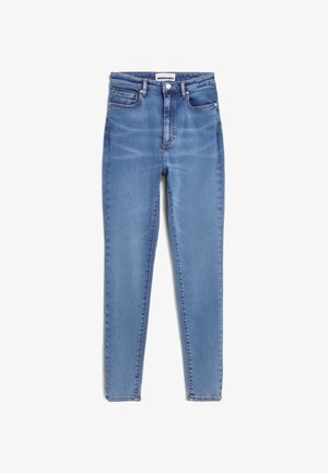 Lichtblauwe skinny jeans van denim, met een hoge taille, vijf zakken en koperen hardware. Zachte textuur met een lichte vervaging.
