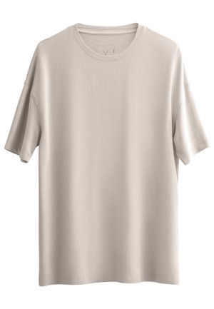 Beige T-shirt met korte mouwen van zachte katoen. Heeft een ronde halslijn en een losse, comfortabele pasvorm, met een glad, effen oppervlak.
