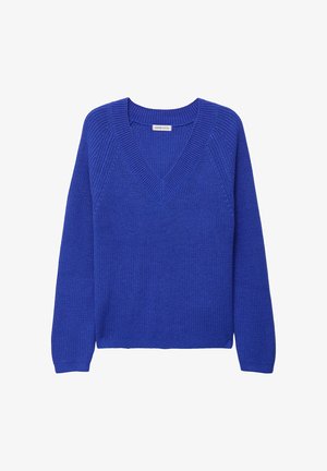 Maglione blu a V in maglia con maniche lunghe, polsini, scollo e orlo a coste, mostrato disteso su uno sfondo bianco.