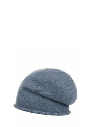Soft blue knitted slouchy beanie hat with a rolled edge, shown against a white background.