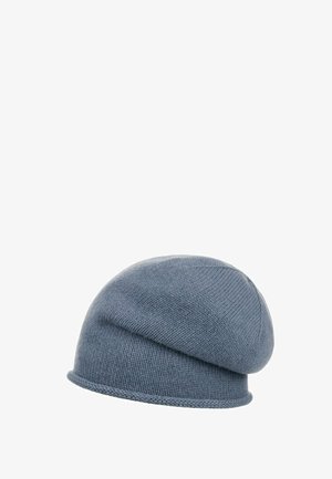 Soft blue knitted slouchy beanie hat with a rolled edge, shown against a white background.