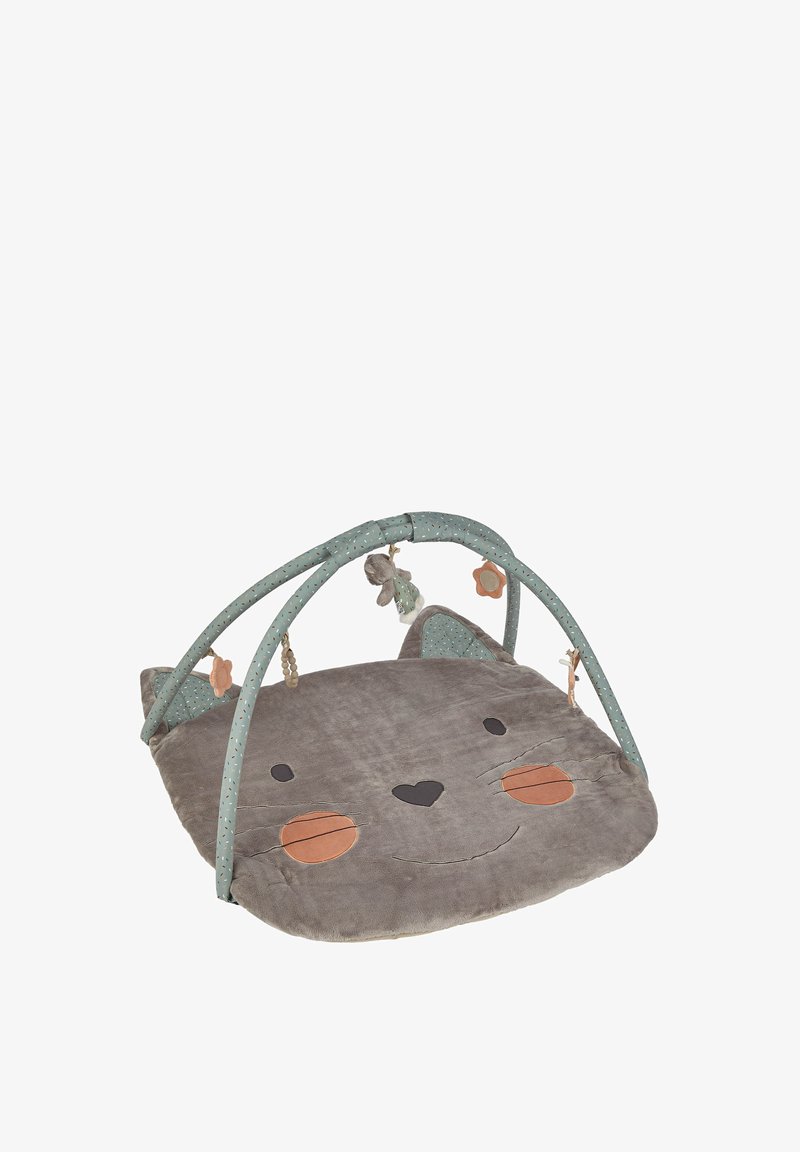 Soft plush play mat in gray, shaped like a cat's face. Features ear accents, a textured surface, and a fabric arch with hanging toys.