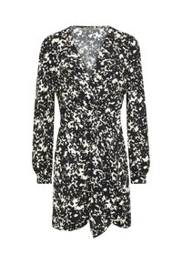 Robe à motifs noir et blanc avec manches longues, encolure en V, design portefeuille, et un détail de nœud à la taille. Texture de tissu douce.