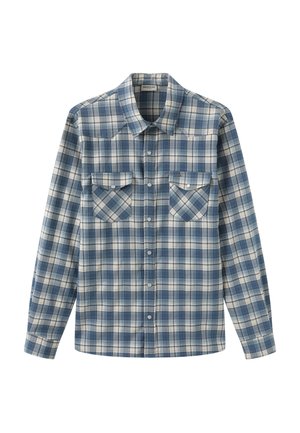 Niebiesko-biała kraciasta koszula na długi rękaw z guzikami, dwoma kieszeniami na piersi i kołnierzykiem z ostrymi rogami.