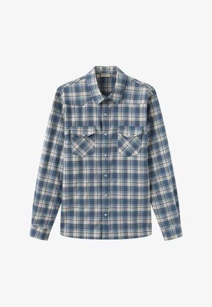 Modra in bela karirasta srajca z dolgimi rokavi, z gumbi, z dvema žepoma na prsih in z ostrim ovratnikom.