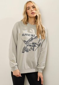 Felpa grigia chiara a maniche lunghe con una grafica blu navy che raffigura montagne, alberi e impianti di risalita. Polsini e orlo a costine. Design semplice.