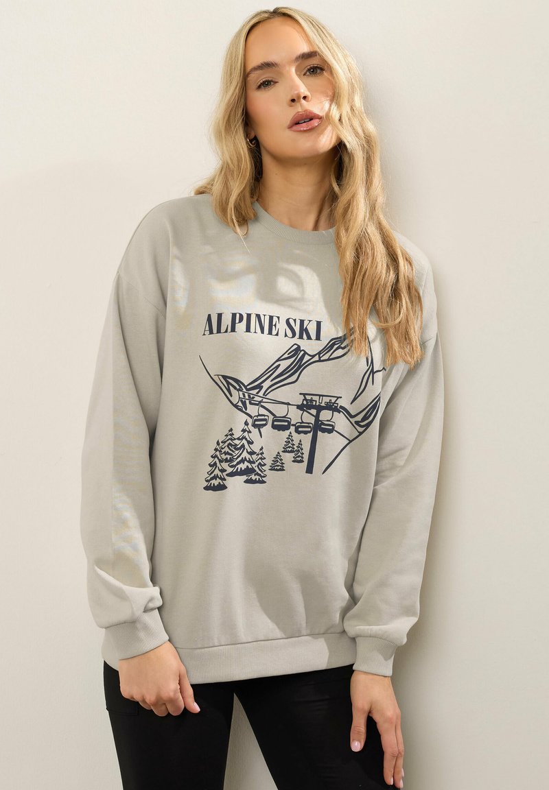 Felpa grigia chiara a maniche lunghe con una grafica blu navy che raffigura montagne, alberi e impianti di risalita. Polsini e orlo a costine. Design semplice.