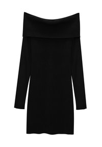 Black off-the-shoulder dress with long sleeves, made of smooth fabric, featuring a straight hem and minimalistic design.