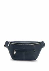 Marsupio in pelle blu navy con un grande scomparto con zip, tasca frontale con zip e accenti metallici. Presenta dettagli a strisce orizzontali sulla parte anteriore.