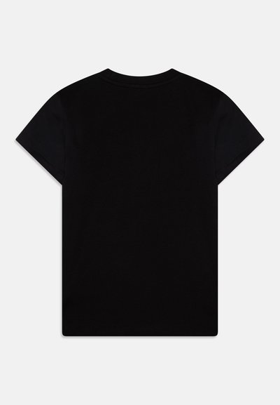 Camiseta de algodón negra con cuello redondo y mangas cortas. Diseño simple con una textura suave y sin gráficos ni patrones visibles.