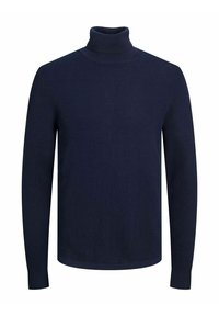 Maglione a collo alto lavorato a maglia di colore blu navy con maniche lunghe, colletto, polsini e orlo a coste, mostrato su uno sfondo bianco semplice.
