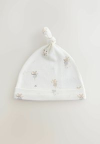 Cappellino bianco in cotone per neonati con un nodo sulla cima, con un motivo delicato di topi e arcobaleni. Tessuto morbido e fascia elastica sul fondo.