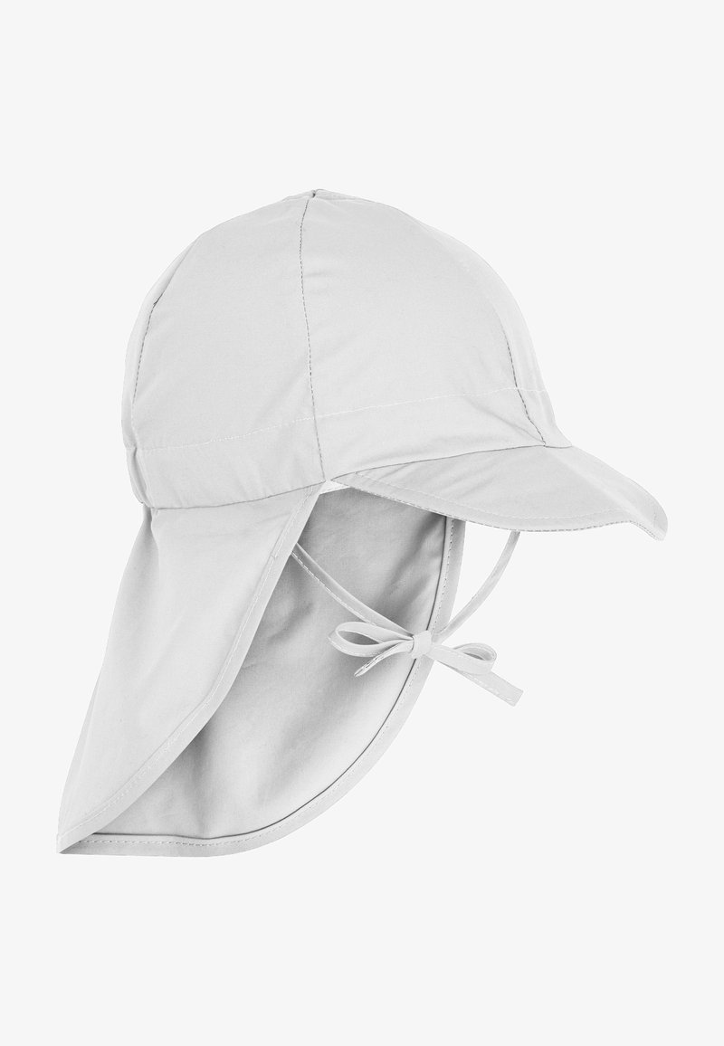 Helle graue Sonnenmütze mit breiter Krempe, Nackenabdeckung, gesichert durch verstellbare Bänder und aus leichtem Stoff gefertigt.