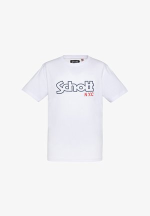 Weißes Baumwoll-T-Shirt mit kurzen Ärmeln, das ein blaues Logo mit den Buchstaben "Schott" und "N.Y.C" in Rot auf der Vorderseite zeigt.