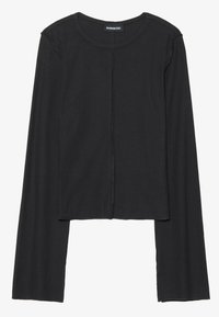 Top negru cu mâneci lungi, design scurtat, textură striată, decolteu rotund, detalii simetrice de cusătură pe față și pe mâneci.