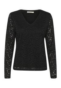 Top in pizzo nero con maniche lunghe, scollatura a V e motivo floreale. Il materiale sembra morbido con una finitura testurizzata. Design in tessuto leggero.