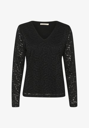 Schwarzes Spitzenoberteil mit langen Ärmeln, V-Ausschnitt und floralem Muster. Das Material wirkt weich mit einer strukturierten Oberfläche. Leichtes Stoffdesign.