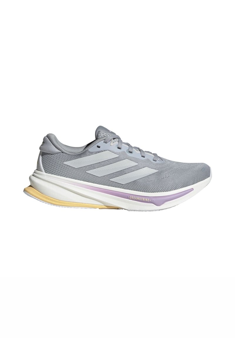 Light gray athletic shoe with mesh material, white midsole, purple and yellow accents, and a sleek, streamlined design.