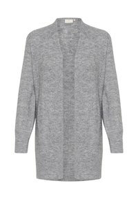 Grauer Strickcardigan mit entspannter Passform, offenem Vorderteil, strukturiertem Muster und langen Ärmeln. Weicher, leichter Stoff mit geripptem Saum.