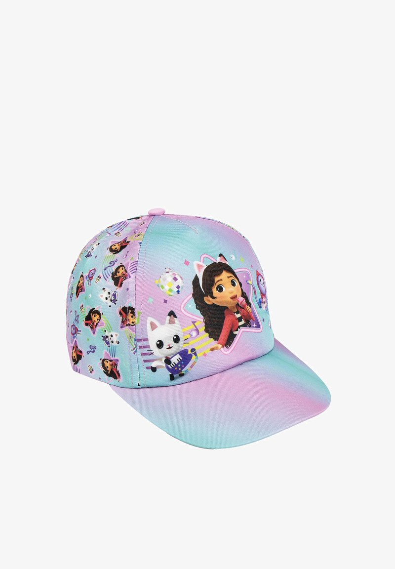 Cappellino colorato con una gradazione di rosa e blu pastello. Decorato con personaggi dei cartoni animati, motivi e stelle accentate sul tessuto.