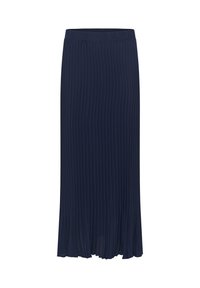 Navy blue maxi skirt with vertical pleats and elastic waistband, flowing hem, designed for women's fashion.